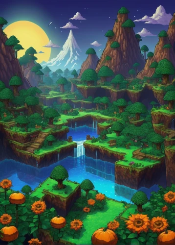 mushroom landscape,druid grove,mushroom island,cartoon video game background,oasis,fantasy landscape,underground lake,floating islands,fairy world,fairy village,underwater oasis,mountain spring,wishing well,valley of the moon,mountain world,futuristic landscape,fairy forest,crescent spring,a small waterfall,altiplano,Illustration,Abstract Fantasy,Abstract Fantasy 03