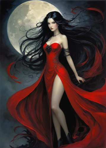 vampire woman,vampire lady,gothic woman,lady in red,red riding hood,sorceress,lady of the night,man in red dress,queen of the night,red gown,blood moon,black rose hip,fantasy art,queen of hearts,fantasy woman,the enchantress,dance of death,red cape,scarlet witch,moonlit,Illustration,Realistic Fantasy,Realistic Fantasy 16