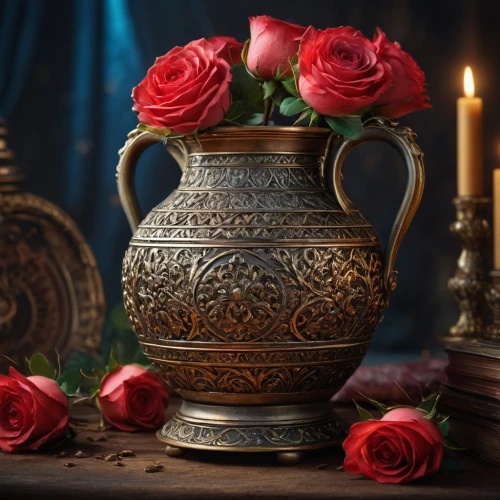 funeral urns,antique background,romantic rose,rose arrangement,still life photography,vase,flower vase,noble roses,vases,with roses,scent of roses,copper vase,flower vases,vintage flowers,valentine candle,yellow rose background,goblet,red roses,way of the roses,old country roses,Photography,General,Fantasy