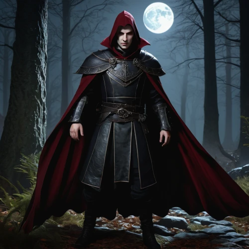 red riding hood,little red riding hood,hooded man,grimm reaper,red hood,dodge warlock,vax figure,massively multiplayer online role-playing game,red cape,red coat,dracula,carpathian,red tunic,cloak,hooded,daemon,assassin,dark red,heroic fantasy,blood moon,Illustration,Realistic Fantasy,Realistic Fantasy 35