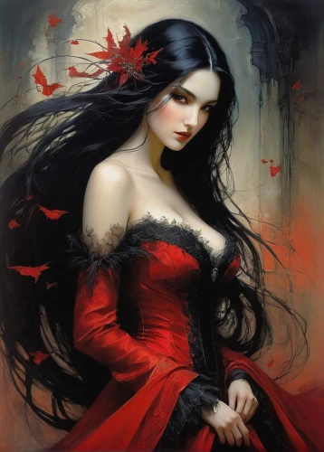 gothic woman,vampire lady,vampire woman,gothic portrait,lady in red,red rose,queen of hearts,red petals,fantasy art,fantasy portrait,rusalka,red riding hood,red roses,black rose hip,fallen petals,lady of the night,red gown,oriental princess,geisha girl,widow flower,Illustration,Realistic Fantasy,Realistic Fantasy 16