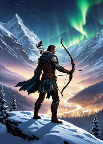 heroic fantasy,trolltunga,northrend,bow and arrows,northen lights,nordic christmas,nordic,norse,nordland,longbow,thermokarst,nordic bear,the northern lights,northen light,quarterstaff,skyrim,norther lights,northern light,bordafjordur,the spirit of the mountains,Illustration,American Style,American Style 04