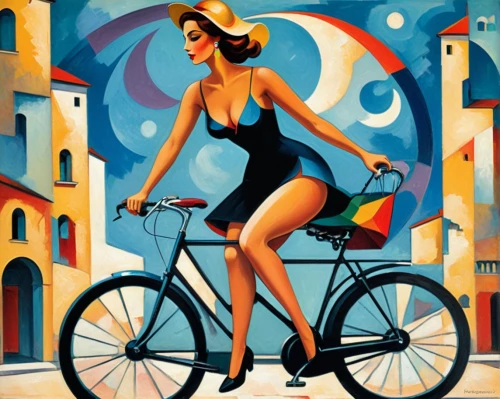 woman bicycle,bicycle,art deco woman,bicycle ride,bicycling,bicycles,retro pin up girl,cyclist,artistic cycling,bicycle riding,david bates,bike pop art,bicycle clothing,cycling,retro woman,italian painter,pin up girl,girl with a wheel,pin-up girl,italian poster,Art,Artistic Painting,Artistic Painting 42