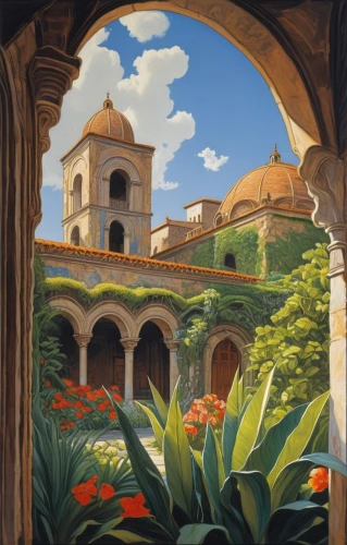 antigua guatemala,alhambra,hacienda,alcazar,church painting,tuscan,monastery garden,khokhloma painting,cordoba,el arco,spanish missions in california,malta,botanical square frame,vegetables landscape,portal,jerusalem,murals,mediterranean,travel poster,orientalism,Conceptual Art,Daily,Daily 09