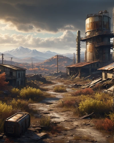 wasteland,post-apocalyptic landscape,industrial landscape,fallout4,fallout,post apocalyptic,refinery,industrial ruin,oil tank,fresh fallout,mining facility,croft,settlement,desolate,metal rust,industries,chemical plant,desert landscape,desolation,post-apocalypse,Art,Classical Oil Painting,Classical Oil Painting 23