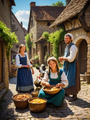 puy du fou,folk village,medieval street,dutch oven,medieval market,villagers,pilgrims,knight village,hatmaking,woman holding pie,medieval town,french food,children's fairy tale,village scene,middle ages,hobbiton,girl with bread-and-butter,french tourists,the pied piper of hamelin,schnecken,Illustration,Realistic Fantasy,Realistic Fantasy 45