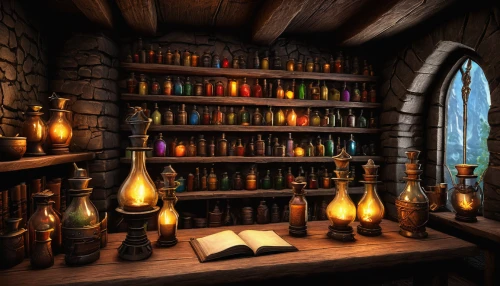 apothecary,potions,candlemaker,potion,bookshelves,hobbiton,wine bottles,alchemy,book wall,brandy shop,wine bottle range,collected game assets,bookshelf,magic grimoire,tealights,study room,bookcase,wine cellar,visual effect lighting,hogwarts,Illustration,Abstract Fantasy,Abstract Fantasy 14