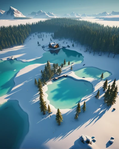 salt meadow landscape,emerald lake,winter lake,boreal,ski resort,floating islands,river pines,silvertip fir,development concept,spruce forest,north pole,floating island,winter landscape,frozen lake,christmas landscape,snow house,snowy landscape,snowfield,coniferous forest,snow landscape,Conceptual Art,Daily,Daily 20