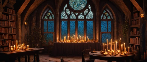 reading room,candlelights,hogwarts,stained glass windows,bookshelves,candlemaker,sanctuary,gothic architecture,prayer book,haunted cathedral,candlelight,hall of the fallen,study room,dandelion hall,gothic style,forest chapel,benedictine,candles,magic book,tealights,Illustration,Retro,Retro 03