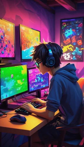 gamer zone,game room,game illustration,virtual world,game addiction,computer game,world digital painting,gamers round,gamer,playing room,monitors,gaming,computer room,anime 3d,cyberpunk,game drawing,girl at the computer,computer addiction,lan,gamers,Illustration,Japanese style,Japanese Style 14