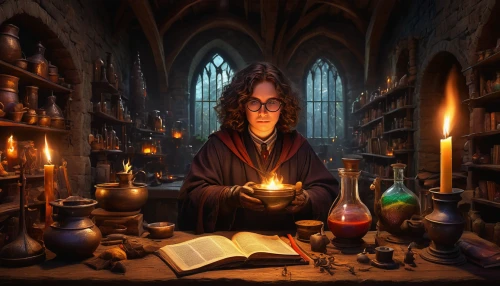 candlemaker,apothecary,potions,magic grimoire,divination,scholar,candle wick,magus,debt spell,alchemy,potter,gothic portrait,wizard,magic book,conjure up,hogwarts,librarian,spell,flickering flame,wizardry,Art,Artistic Painting,Artistic Painting 37