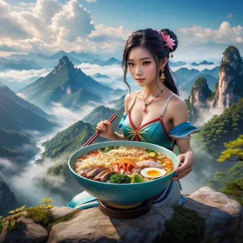 bun cha,congee,chinese cuisine,jjigae,korean chinese cuisine,tibetan food,fantasy picture,thai cuisine,girl with cereal bowl,asian culture,oriental princess,manchow soup,korean culture,huaiyang cuisine,korean royal court cuisine,bowl of rice,korean cuisine,laotian cuisine,mulan,chinese art,Photography,General,Cinematic