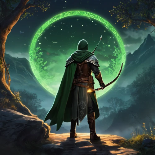 robin hood,massively multiplayer online role-playing game,patrol,heroic fantasy,the wanderer,quarterstaff,swordsman,lone warrior,fantasy picture,link,scythe,longbow,elven,game illustration,druid,summoner,druid grove,awesome arrow,bow and arrows,green aurora,Unique,Design,Logo Design