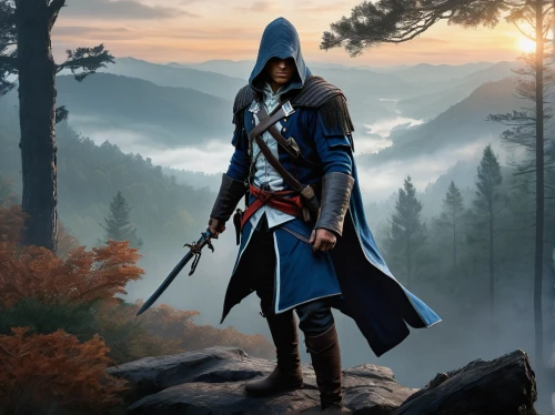 assassin,hooded man,the wanderer,assassins,mountain guide,massively multiplayer online role-playing game,witcher,male character,wanderer,longbow,lone warrior,swordsman,male elf,game art,fantasy picture,quarterstaff,heroic fantasy,dusk background,portrait background,nördlinger ries,Illustration,Black and White,Black and White 06