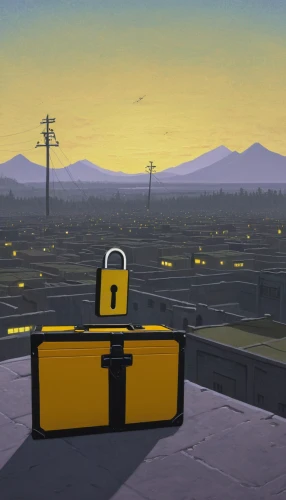 suitcase in field,briefcase,attache case,cargo port,dusk background,padlock,baggage,yellow machinery,chemical container,toolbox,industrial landscape,suitcase,luggage,padlocks,cartoon video game background,battery icon,carrying case,oil tank,factories,quarantine,Art,Artistic Painting,Artistic Painting 48