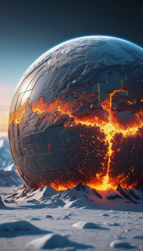 frozen bubble,ice planet,fire planet,burning earth,ice ball,lava balls,meteorite impact,meteor,frozen soap bubble,scorched earth,magma,terraforming,gas planet,glass sphere,shield volcano,asteroid,molten,fire background,door to hell,end of the world,Photography,General,Sci-Fi