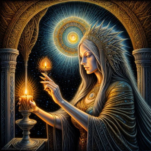 priestess,sorceress,the prophet mary,divination,light bearer,candlemaker,shamanic,candlemas,shamanism,golden candlestick,divine healing energy,zodiac sign libra,tarot,paganism,mysticism,tarot cards,anahata,eucharistic,solstice,lighted candle