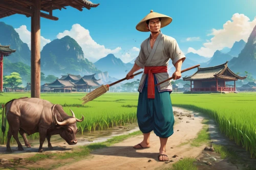 rice fields,rice paddies,ricefield,the rice field,rice field,yunnan,vietnam,game illustration,chinese background,lemongrass,rice terrace,asian conical hat,village life,mulan,world digital painting,laos,vietnamese woman,oriental,yamada's rice fields,goki,Illustration,Vector,Vector 19