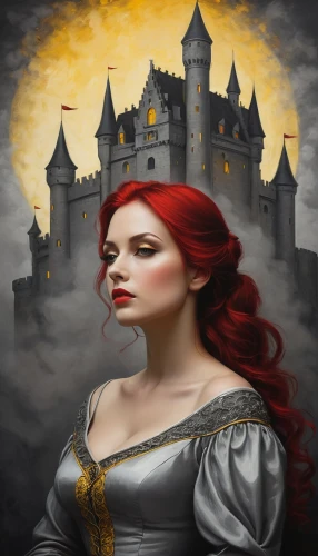 queen of hearts,gothic portrait,fantasy portrait,fantasy picture,fantasy art,gothic woman,haunted castle,vampire woman,vampire lady,world digital painting,fairy tale character,castle of the corvin,ghost castle,fantasy woman,fairy tale castle,celtic queen,castles,red-haired,queen anne,fairy tale,Illustration,Abstract Fantasy,Abstract Fantasy 02