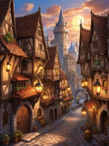 medieval street,medieval town,knight village,aurora village,escher village,medieval market,alpine village,old town,the old town,winter village,the cobbled streets,oktoberfest background,medieval architecture,half-timbered houses,mountain village,old city,hamelin,fantasy picture,marketplace,fantasy landscape,Conceptual Art,Fantasy,Fantasy 27