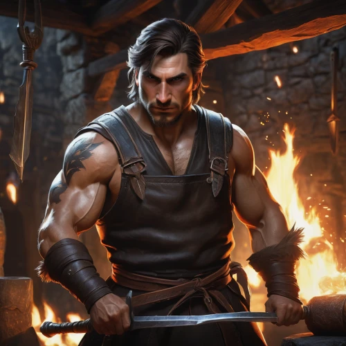 blacksmith,witcher,male elf,smouldering torches,male character,barbarian,thorin,mercenary,massively multiplayer online role-playing game,haighlander,game art,dane axe,fire background,dwarf cookin,tinsmith,fire master,lucus burns,cullen skink,cg artwork,konstantin bow,Conceptual Art,Fantasy,Fantasy 03