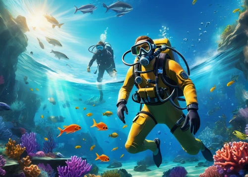 underwater background,aquanaut,scuba diving,scuba,underwater diving,amphiprion,diving equipment,divemaster,reef tank,underwater world,deep sea diving,aquatic life,aquarium inhabitants,sea life underwater,marine biology,under the sea,underwater sports,coral reef,under sea,undersea,Illustration,Realistic Fantasy,Realistic Fantasy 01