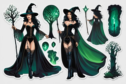 the enchantress,sorceress,dryad,green mermaid scale,elven forest,nightshade plant,elven,witch broom,elven flower,background ivy,halloween witch,deadly nightshade,druid,gothic dress,flora abstract scrolls,mermaid vectors,blue enchantress,aquatic herb,witch,witch's legs,Unique,Design,Sticker