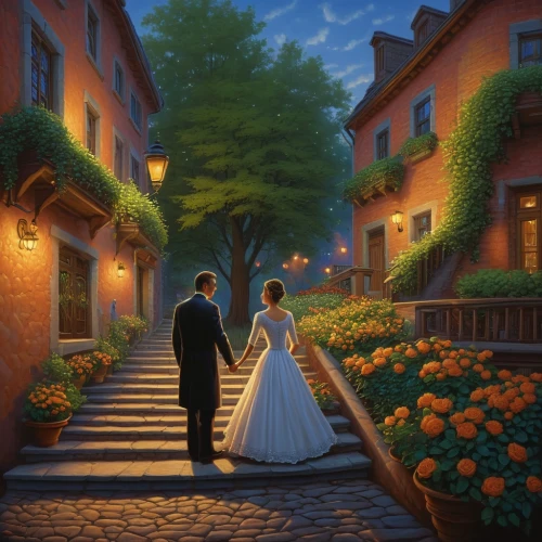 romantic scene,wedding couple,romantic portrait,wedding photo,walking down the aisle,romantic night,oil painting on canvas,night scene,promenade,wedding invitation,young couple,wedding frame,bride and groom,golden weddings,way of the roses,silver wedding,world digital painting,quinceañera,just married,wedding ceremony,Illustration,Realistic Fantasy,Realistic Fantasy 27