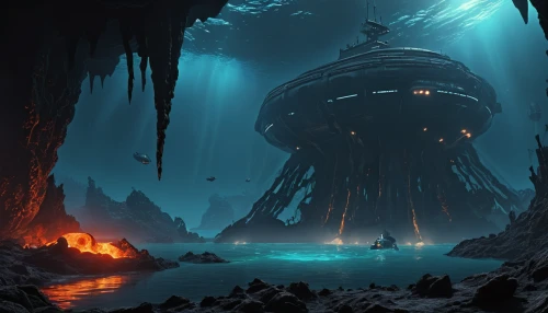 alien world,futuristic landscape,alien planet,concept art,the blue caves,apiarium,alien ship,imperial shores,ice planet,fantasy landscape,mushroom island,sea caves,atlantis,cuthulu,deep sea,blue caves,blue cave,sci fiction illustration,lava cave,undersea,Conceptual Art,Fantasy,Fantasy 33