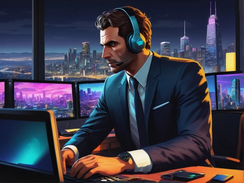 night administrator,man with a computer,ceo,game illustration,computer business,cyberpunk,blur office background,business world,stock broker,twitch icon,neon human resources,businessman,connectcompetition,black businessman,lan,computer game,wireless headset,steam icon,game art,developer,Illustration,Retro,Retro 07