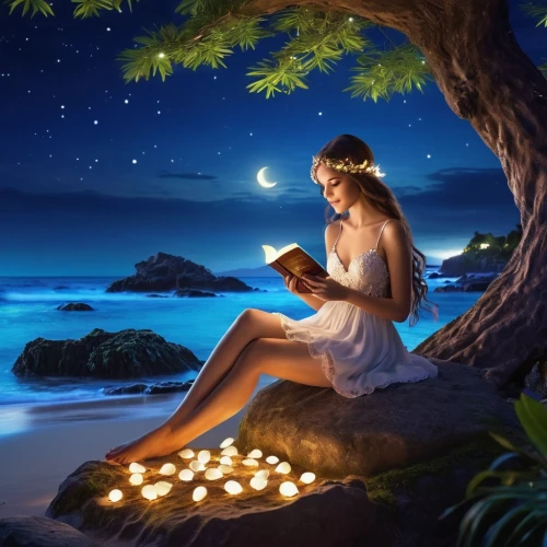 the night of kupala,romantic night,romantic scene,fantasy picture,beach moonflower,romantic portrait,night-blooming jasmine,the girl in nightie,little girl reading,romantic look,moonlit night,romance novel,relaxing reading,fireflies,fantasy art,reading,sci fiction illustration,girl studying,light of night,fairytales,Photography,General,Realistic