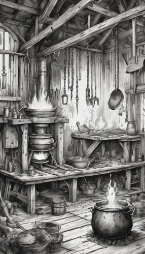 victorian kitchen,blacksmith,cookery,tinsmith,dwarf cookin,butcher shop,kitchen,the kitchen,kitchenware,blackhouse,tavern,apothecary,kitchen interior,hearth,kitchen shop,candlemaker,cooking utensils,charcoal nest,cooking pot,cookware and bakeware,Illustration,Black and White,Black and White 34