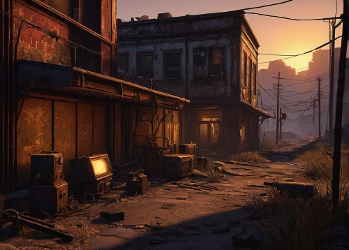 fallout4,alleyway,old linden alley,wasteland,post apocalyptic,ghost town,post-apocalyptic landscape,alley,slums,fallout,croft,blind alley,virginia city,lostplace,street scene,evening atmosphere,post-apocalypse,road forgotten,derelict,street canyon,Illustration,American Style,American Style 12