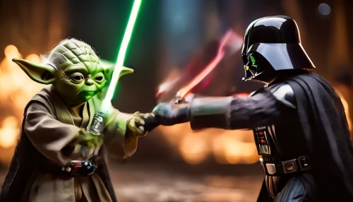 confrontation,an argument over toys,force,starwars,dark side,collectible action figures,toy photos,jedi,star wars,duel,negotiation,yoda,rots,lightsaber,conflict,arguing,skirmish,fist bump,miniature figures,digital compositing