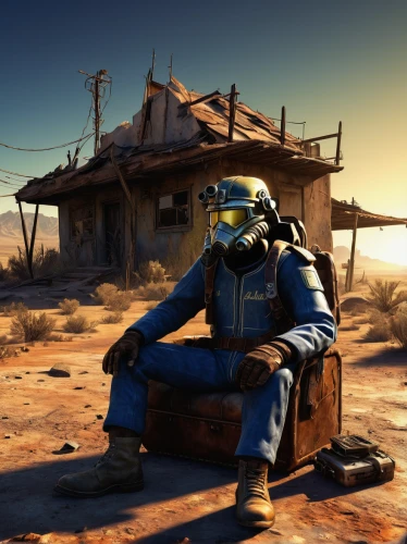 fallout4,fallout,wasteland,fresh fallout,post apocalyptic,nomad life,desolate,erbore,hazmat suit,fallout shelter,scrap dealer,the desert,diving helmet,droids,area 51,merzouga,desert background,nomad,steel helmet,blue-collar,Illustration,Realistic Fantasy,Realistic Fantasy 34