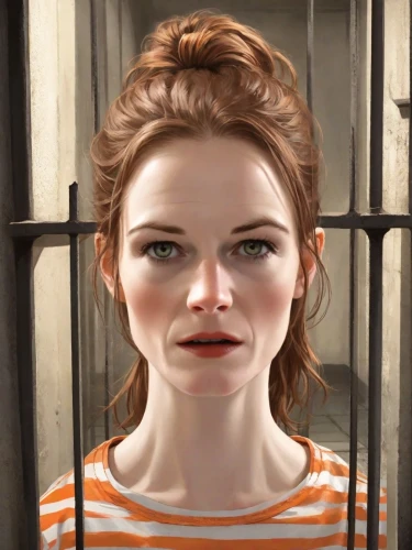 prisoner,clementine,scared woman,the girl's face,woman's face,lilian gish - female,woman face,nora,portrait background,mary jane,prison,queen cage,orange,head woman,portrait of a girl,lis,realistic,lori,rose png,character animation,Digital Art,Comic