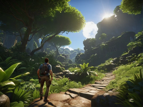 pathway,ravine,jungle,tropical jungle,iguania,wander,the mystical path,monkey island,hiking path,forest path,the path,fable,screenshot,croft,green valley,tropics,graphics,exploring,tree top path,exploration,Art,Artistic Painting,Artistic Painting 08