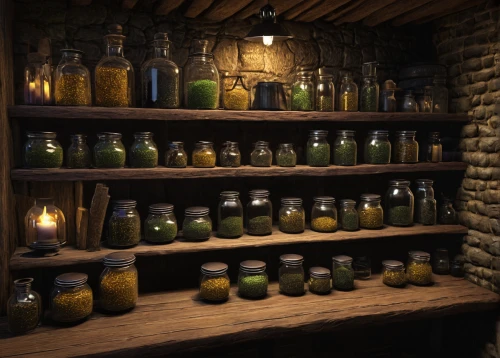 apothecary,potions,candlemaker,brandy shop,storage-jar,village shop,soap shop,jars,collected game assets,pantry,general store,preserved food,cosmetics counter,tavern,shopkeeper,kitchen shop,merchant,cellar,medicinal materials,medicinal herbs,Illustration,Black and White,Black and White 06