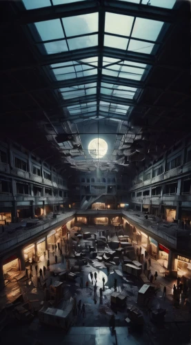 industrial hall,factories,the market,factory hall,tilt shift,marketplace,panopticon,abandoned factory,warehouse,empty factory,principal market,urbex,large market,digital compositing,trading floor,shopping mall,district 9,visual effect lighting,market,3d render