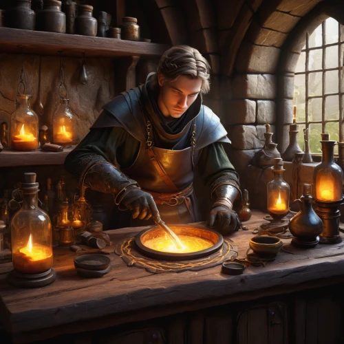candlemaker,tinsmith,blacksmith,dwarf cookin,metalsmith,watchmaker,silversmith,apothecary,merchant,clockmaker,hearth,cookery,potter's wheel,alchemy,hobbiton,meticulous painting,game illustration,medieval hourglass,smelting,prejmer,Conceptual Art,Sci-Fi,Sci-Fi 16