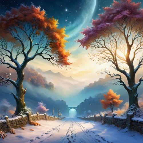 fantasy landscape,winter landscape,snow landscape,fantasy picture,winter background,winter forest,snowy landscape,christmas landscape,snow scene,winter magic,snow trees,fantasy art,landscape background,winter dream,ice landscape,forest landscape,the mystical path,mushroom landscape,world digital painting,enchanted forest,Illustration,Realistic Fantasy,Realistic Fantasy 01