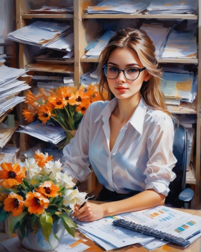 secretary,office worker,girl studying,girl at the computer,librarian,receptionist,tutor,study room,reading glasses,artist portrait,bookkeeper,oil painting,administrator,in a working environment,study,italian painter,orange roses,romantic portrait,academic,art painting,Conceptual Art,Oil color,Oil Color 03