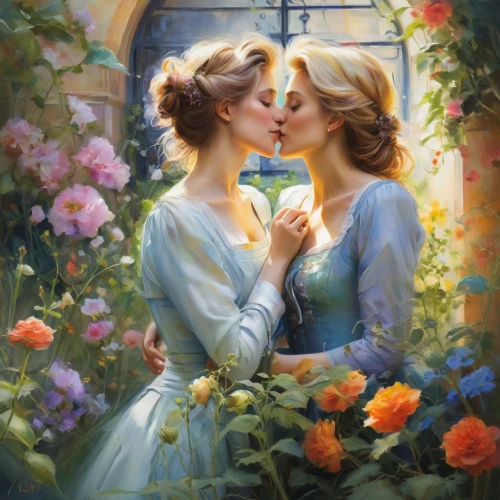 romantic portrait,girl kiss,kiss flowers,romantic scene,kissing,emile vernon,mother kiss,amorous,young couple,floral greeting,scent of roses,cheek kissing,two girls,serenade,oil painting on canvas,young women,first kiss,secret garden of venus,scent of jasmine,holding flowers