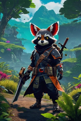 rocket raccoon,adventurer,bandit,north american raccoon,assassin,mustelid,hunter,goki,rocket,huntress,bandana background,raccoon,south american gray fox,conker,child fox,grenadier,jackal,robin hood,patrols,game art,Conceptual Art,Fantasy,Fantasy 34