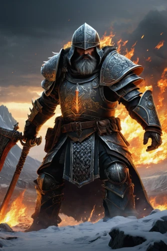 massively multiplayer online role-playing game,crusader,paladin,templar,warlord,armored,knight armor,norse,heroic fantasy,fire background,centurion,fantasy warrior,heavy armour,dane axe,lone warrior,iron mask hero,armored animal,wall,bordafjordur,dwarf sundheim,Illustration,Realistic Fantasy,Realistic Fantasy 12