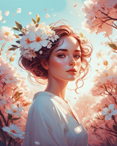 girl in flowers,blossoms,spring blossom,blossom,springtime background,magnolia blossom,magnolia,spring crown,spring blossoms,jasmine blossom,spring background,lilac blossom,linden blossom,fantasy portrait,magnolias,cherry blossoms,the cherry blossoms,romantic portrait,blossoming,white blossom,Conceptual Art,Fantasy,Fantasy 21