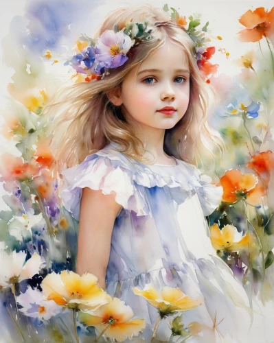 girl in flowers,flower painting,little girl fairy,flower girl,child fairy,art painting,photo painting,children's background,child portrait,beautiful girl with flowers,watercolor paint,watercolor painting,little girl in wind,flower fairy,girl picking flowers,oil painting on canvas,watercolor background,mystical portrait of a girl,watercolor wreath,oil painting,Illustration,Paper based,Paper Based 11