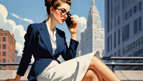 white-collar worker,woman holding a smartphone,art deco woman,telephone operator,businesswoman,bussiness woman,woman sitting,woman in menswear,sprint woman,travel woman,advertising figure,fashion illustration,business woman,receptionist,chrysler building,stock broker,woman thinking,vintage illustration,stock exchange broker,retro woman,Illustration,Retro,Retro 15