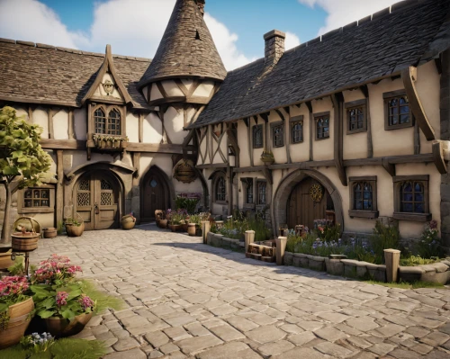 medieval street,medieval architecture,medieval town,knight village,medieval market,medieval,tavern,courtyard,townhouses,marketplace,the cobbled streets,cobblestone,half-timbered houses,3d rendered,wooden houses,render,castle iron market,hotel de cluny,elizabethan manor house,crooked house,Illustration,Realistic Fantasy,Realistic Fantasy 10