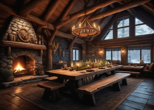 fireplaces,the cabin in the mountains,fire place,wooden beams,log home,fireplace,winter house,log cabin,log fire,rustic,warm and cozy,chalet,fireside,scandinavian style,wooden windows,wood-burning stove,lodge,wood stove,cabin,wooden floor,Illustration,Realistic Fantasy,Realistic Fantasy 17